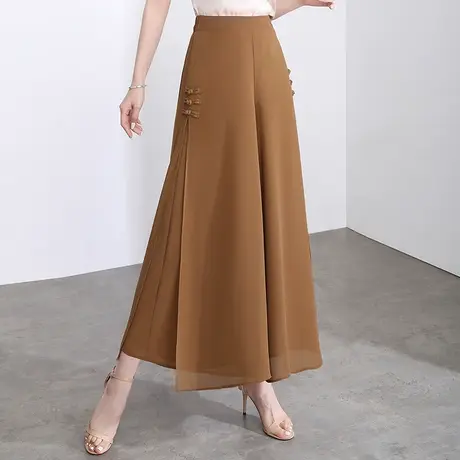 新中式盘扣阔腿裤女夏季开叉雪纺裙裤2023新款垂感宽松薄款九分裤商品大图