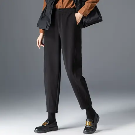 黑色毛呢裤女秋冬2024新款休闲九分萝卜裤冬季妈妈裤子宽松哈伦裤商品大图