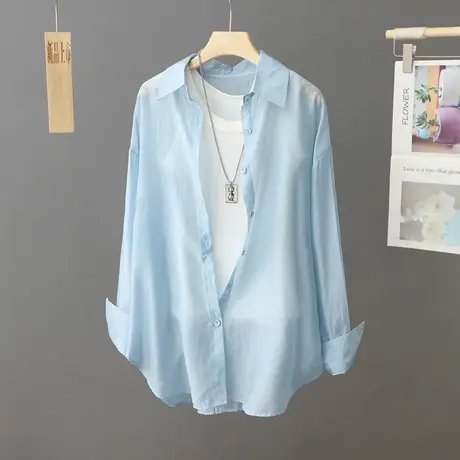 休闲蓝色防晒衬衫外套女夏季新款防晒衣宽松POLO领中长款开衫上衣图片