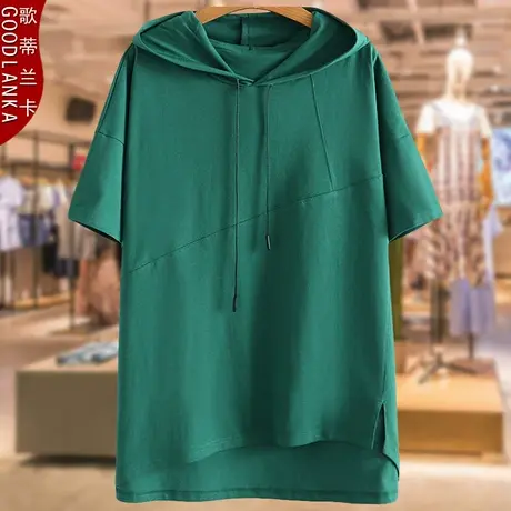 加肥加大码女短袖连帽上衣洋气时尚年轻气质妈妈插肩袖短袖T恤衫商品大图