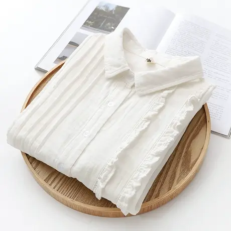 春秋新款木耳边翻领风琴褶皱长袖纯棉女衬衫双层纱文艺百搭白上衣商品大图