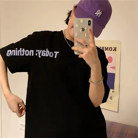 红续~新款韩版字母百搭宽松ulzzang纯棉半袖短袖T恤盐系少女上衣商品大图