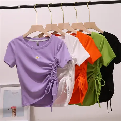 短袖t恤女2020夏季新款韩版ins潮修身短款高腰抽绳系带设计感上衣商品大图