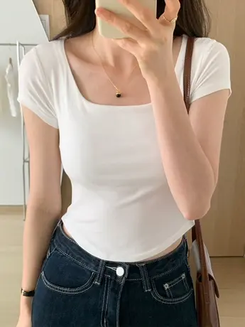 纯欲辣妹U领短袖t恤女2023新款夏季法式甜辣风短款正肩显瘦上衣服商品大图