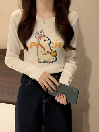 白色仿棉长袖t恤女2023新款秋冬季加绒内搭打底衫小众设计感上衣商品大图