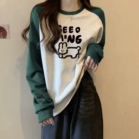 童趣风拼色长袖T恤女春秋冬装宽松韩版加绒加厚插肩袖上衣ins潮牌商品大图