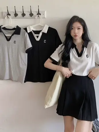 学院风t恤女夏季大码Polo领纯棉短袖甜辣纯欲风韩系chic别致上衣商品大图