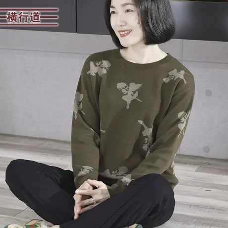 2024春季新款简约韩版圆领提花撞色宽松针织长袖毛衣女外穿上衣服商品大图