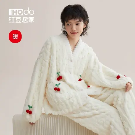 红豆居家女士珊瑚绒睡衣加厚可爱小樱桃少女家居服保暖可外穿套装商品大图