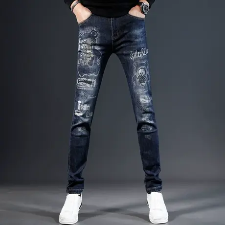 范莉泰高街破洞牛仔裤男款秋冬新款蓝色潮流补丁修身小脚印花裤子图片