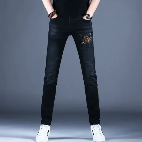 欧美弹力刺绣牛仔裤男款黑色修身小脚裤子2023新款秋冬季高端潮牌商品大图