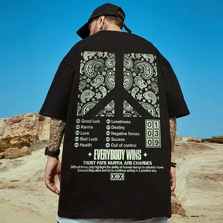 oversize欧美潮牌胖子男装大码国潮嘻哈宽松反战短袖T恤潮流半袖图片