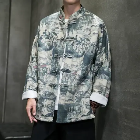 秋季鹿皮绒盘扣复古夹克男中国风民族风大码休闲印花衣服中式外套商品大图
