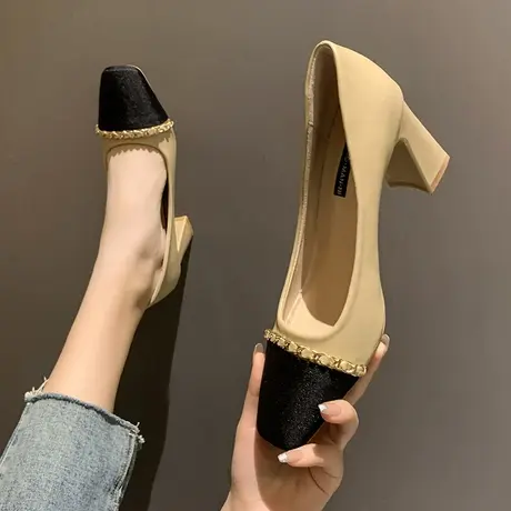 永希女鞋小香风珍珠拼色高跟鞋女2024年春季新款百搭粗跟气质单鞋商品大图