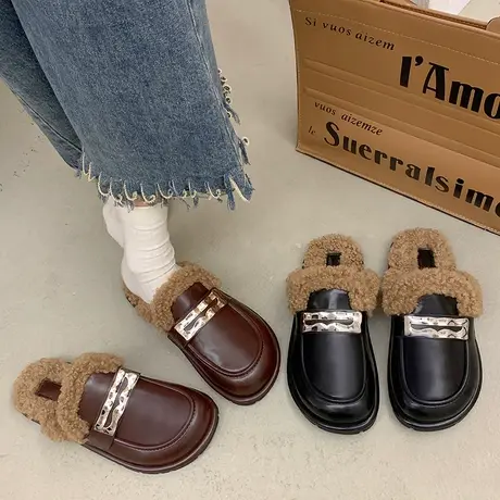 包头半拖2023新款百搭超火平底冬季英伦风通勤拖鞋轻便孕妇毛毛鞋商品大图