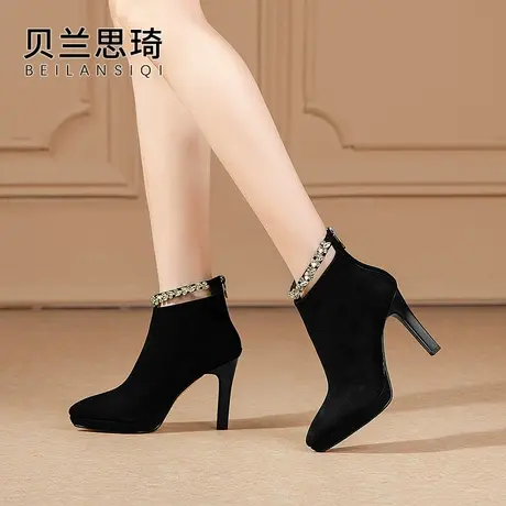 磨砂真皮水钻尖头防水台高跟短靴女2023春秋季单靴厚底细跟及踝靴图片