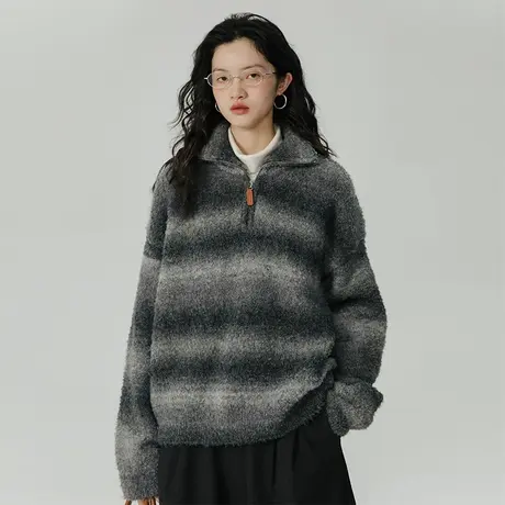 omont蛋挞家 渐变条纹拉链毛衣女秋冬2023年新款宽松polo针织上衣图片