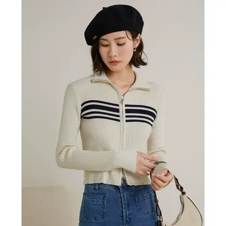 弥古2023新款双拉链条纹针织衫立领开衫外套女秋季高级感短款上衣图片