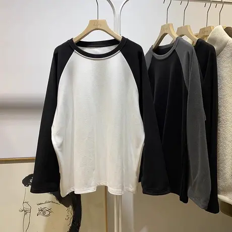 撞色拼接插肩袖T恤女宽松韩版洋气时髦德绒加绒加厚长袖上衣秋冬图片