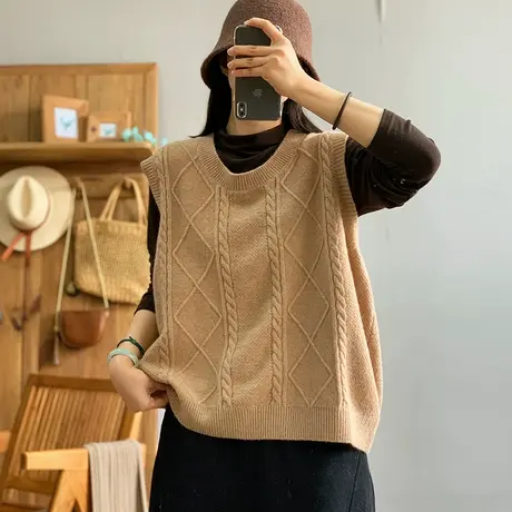 dza 复古圆领内搭叠穿针织马甲女秋冬打底休闲上衣宽松毛衣马夹女商品大图