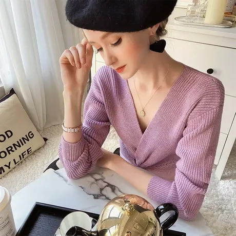 【直播】粉红大布娃娃毛衣女V领交叉扭结针织衫修身潮流上衣春新图片