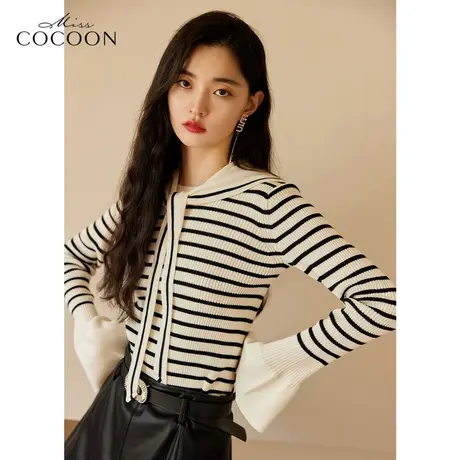 missCOCOON法式条纹针织衫女2023新款春季时尚显瘦设计海军领上衣图片