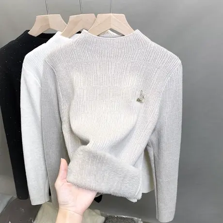 一体绒半高领毛衣女加绒加厚打底衫2023秋冬新款针织衫亮丝上衣潮商品大图
