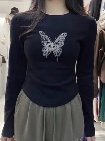 德绒正肩长袖T恤女秋冬内搭打底衫小个子高级感穿搭紧身短款上衣图片