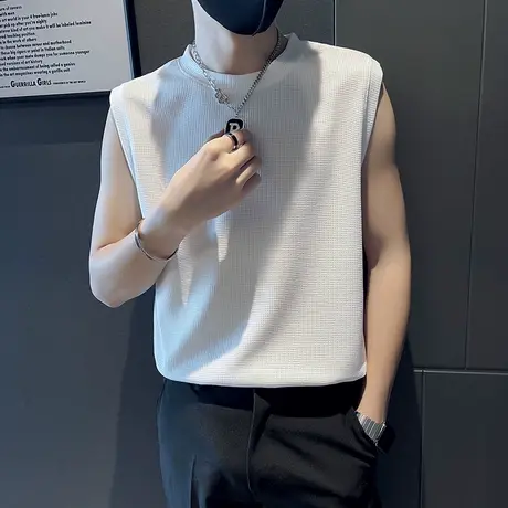 夏季男士背心坎肩马甲上衣个性潮牌潮流时尚无袖华夫格纯色百搭商品大图