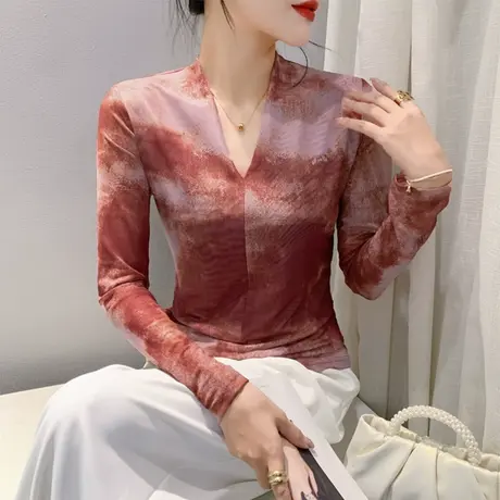 复古印花T恤女长袖欧货漂亮气质网纱打底衫内搭修身V领上衣春秋潮商品大图