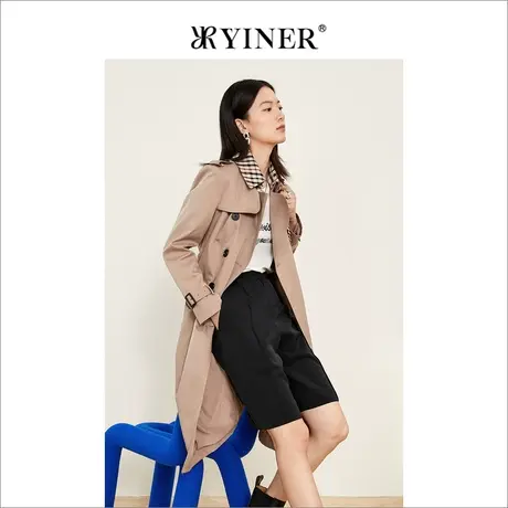 *YINER音儿奥莱女装2022春季新款驼色中长款细带收腰风衣商品大图