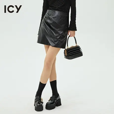 icy女装设计春秋新款肌理不对称褶皱包臀短裙PU皮半身裙女图片