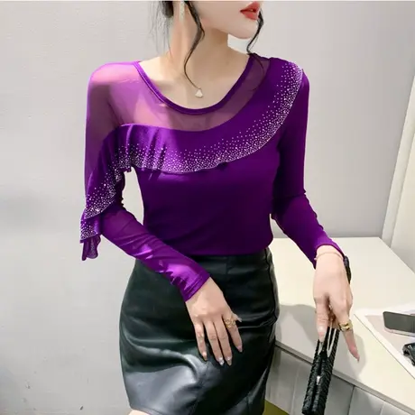 春秋2024新款T恤女性感网纱镂空烫钻圆领长袖修身百塔上衣打底衫商品大图