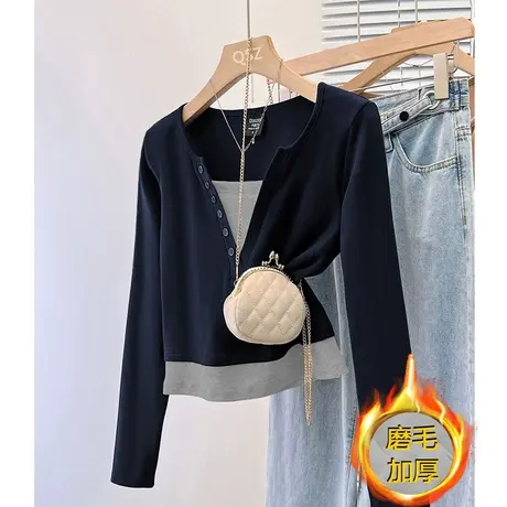 磨毛加厚高级感小众V领假两件长袖打底衫女秋冬装t恤内搭保暖上衣商品大图