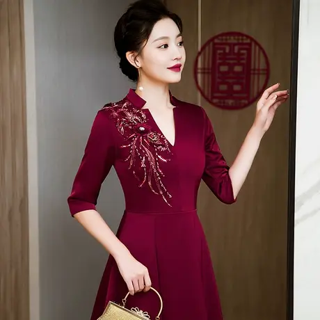 气质妈妈装晚礼服女婚宴婚礼秋季结婚喜婆婆喜服结婚秋冬洋气年轻图片