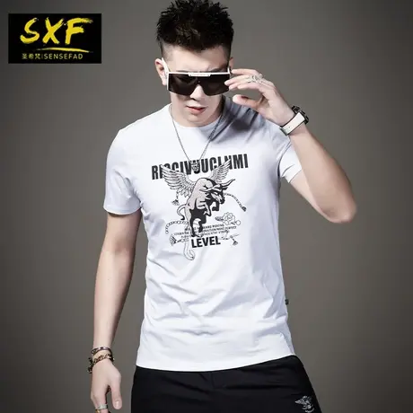 SXF圣希梵冰丝短袖t恤男 天山雪棉上衣新款印花烫钻潮流男士体恤商品大图