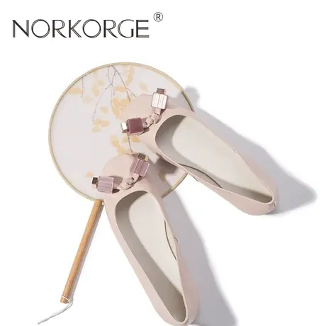 2024新款春秋仙女风裸粉色单鞋女鞋真皮方头温柔平底鞋浅口奶奶鞋图片