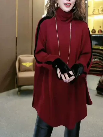 高领打底衫女2024早春奥绒时尚宽松休闲洋气丝绒拼接长袖T恤上衣图片