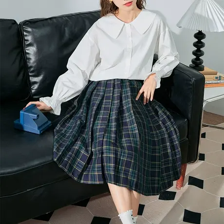 2022夏季新款学院风半身裙女唐狮百搭格子裙高腰a字半身裙中长款图片