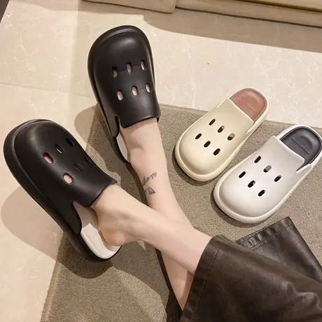 敲百搭防滑厚底洞洞鞋女夏季舒适轻便踩屎感包头拖鞋个性半拖凉鞋商品大图