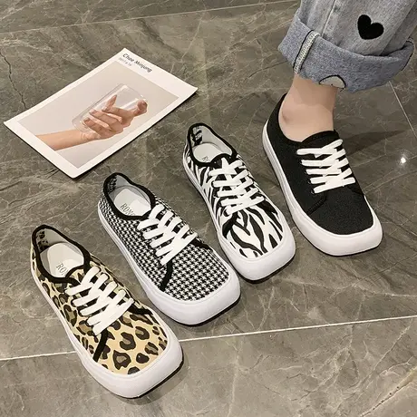 丑萌帆布鞋女2021年新款运动休闲ins板鞋厚底春秋豹纹薄款鞋子夏图片