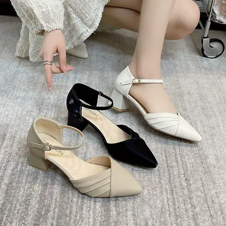 包头凉鞋女高级感2024年春夏季新款百搭尖头浅口粗跟一字带高跟鞋商品大图