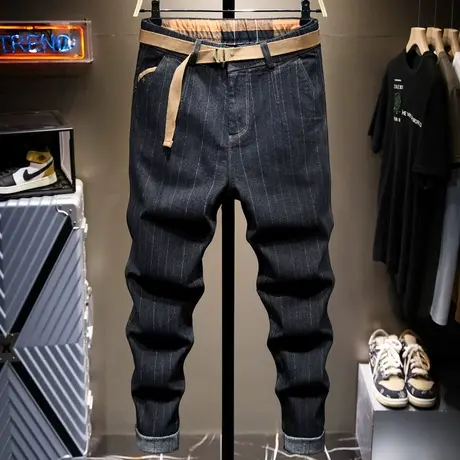 春夏新款条纹牛仔裤男黑色直筒宽松韩版潮流男士休闲长裤子男百搭商品大图