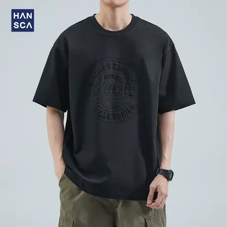 hansca 黑色t恤短袖男宽松纯棉夏季潮牌印花休闲重磅运动圆领上衣商品大图