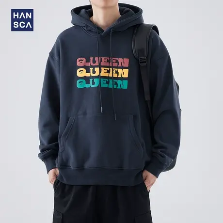 hansca美式潮牌重磅加绒连帽卫衣男士秋冬款发泡印花保暖套头上衣商品大图