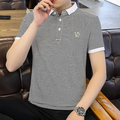 夏季短袖POLO衫男条纹上衣翻领打底衫夏装休闲半袖韩版寸衫潮男装商品大图