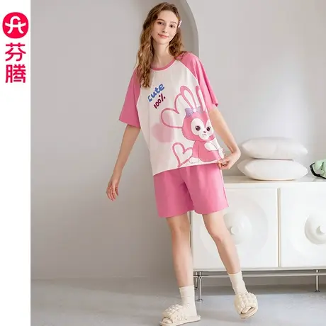 芬腾夏季女夏季薄款纯棉短袖睡衣卡通可爱少女休闲宽松家居服套装商品大图