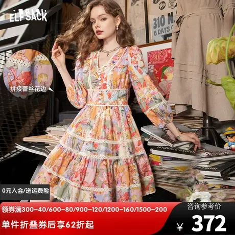 妖精的口袋法式v领连衣裙女2024春秋新款拼接蕾丝边印花显瘦a字裙图片