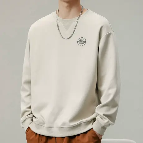 秋季卡其色痞帅印花圆领卫衣春秋款男士无帽重磅休闲长袖上衣秋装商品大图