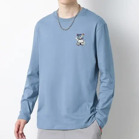 2023新款纯棉t恤男长袖潮牌小熊圆领体恤全棉秋季宽松内搭打底衫商品大图